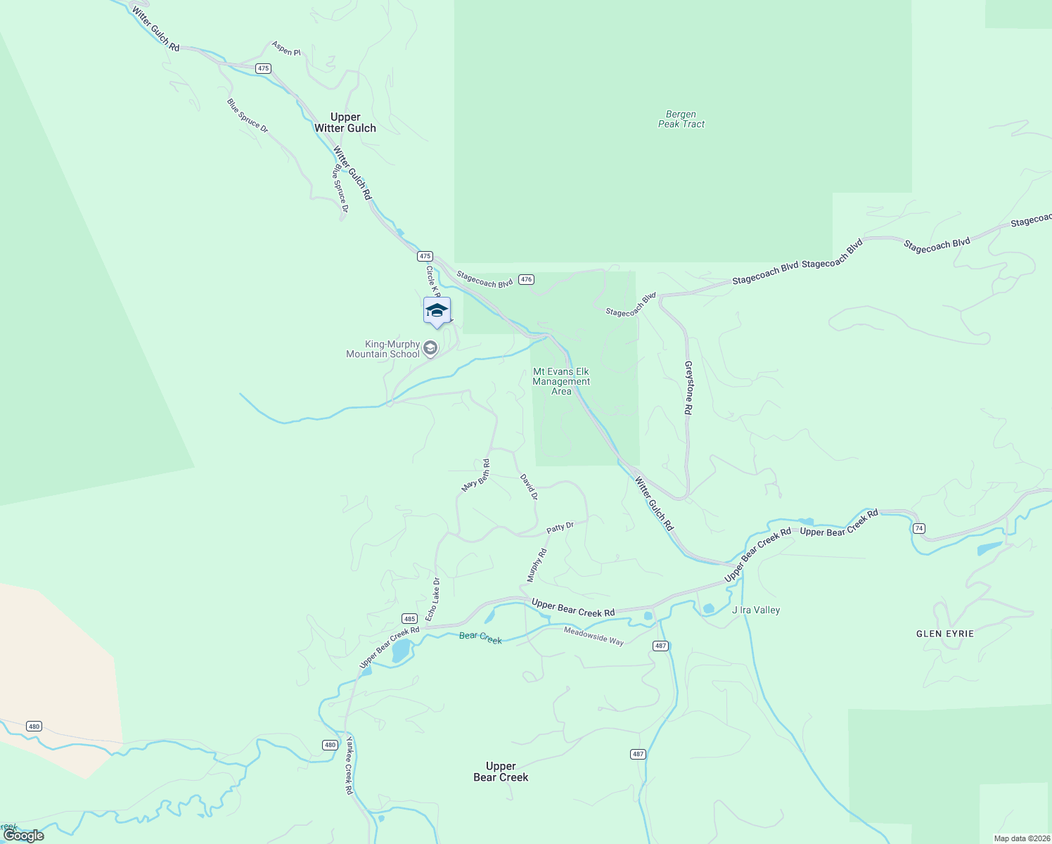 map of restaurants, bars, coffee shops, grocery stores, and more near 468 Mary Beth Road in Evergreen