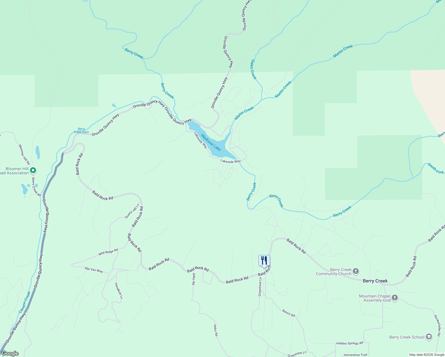 map of restaurants, bars, coffee shops, grocery stores, and more near 100 Idylwild Trail in Berry Creek