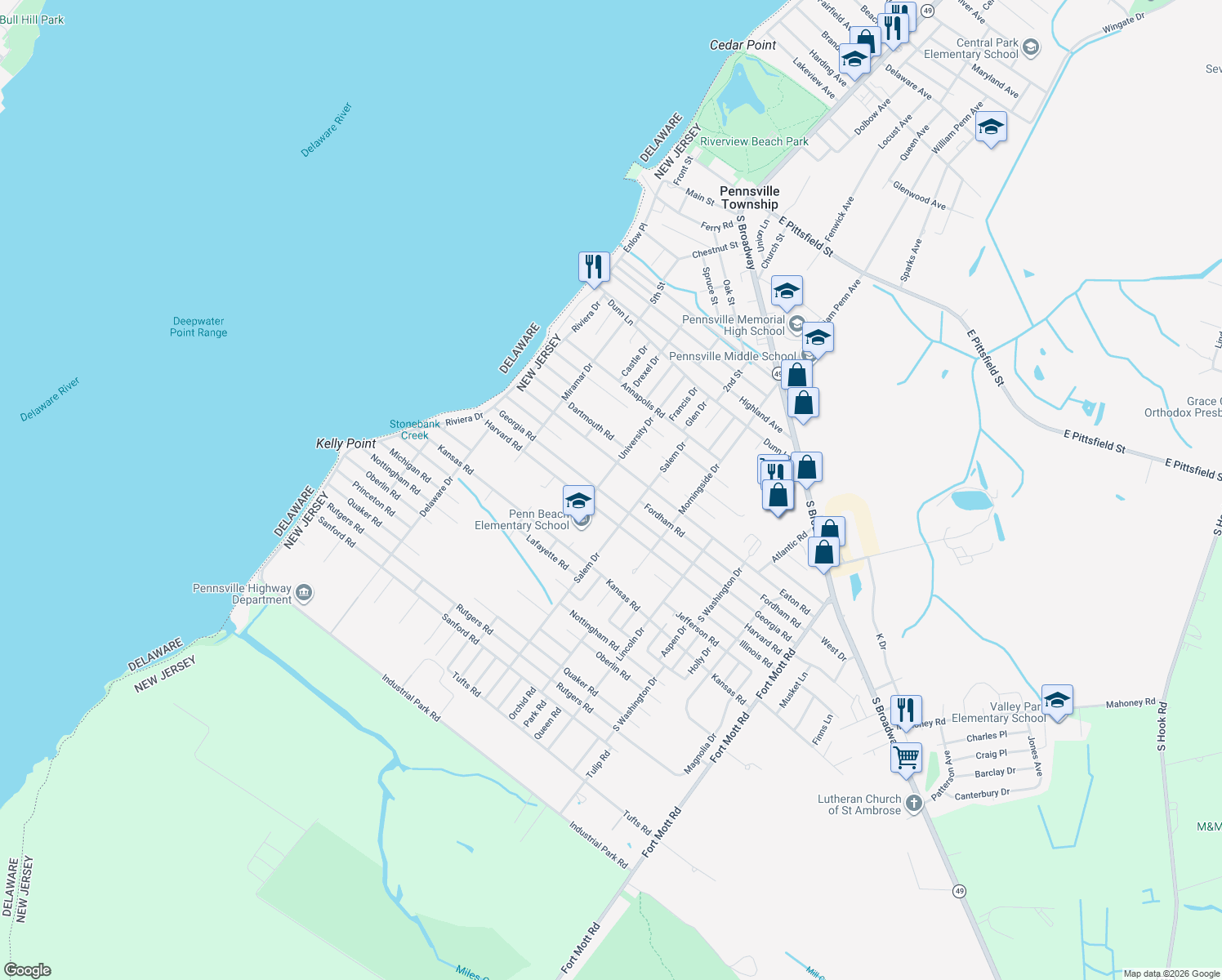 map of restaurants, bars, coffee shops, grocery stores, and more near 100 Georgia Road in Pennsville Township