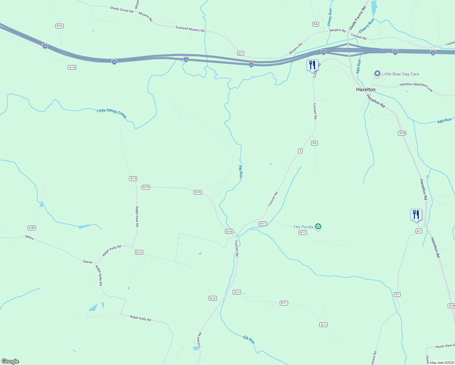 map of restaurants, bars, coffee shops, grocery stores, and more near 200 Beavertail Drive in Bruceton Mills