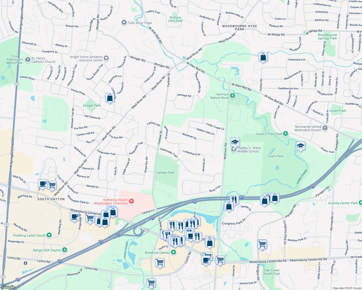 map of restaurants, bars, coffee shops, grocery stores, and more near 1454 Roamont Dr in Dayton