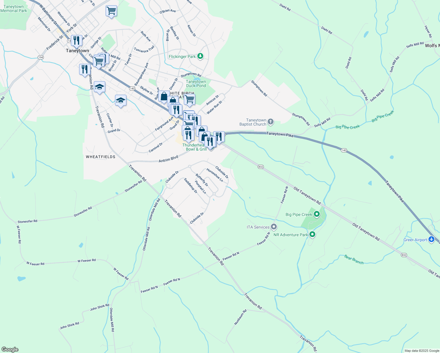 map of restaurants, bars, coffee shops, grocery stores, and more near 840 Horseshoe Lane in Taneytown