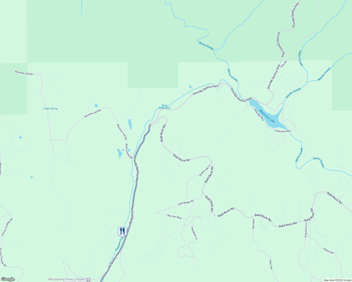 map of restaurants, bars, coffee shops, grocery stores, and more near 33 Deer Run Lane in Berry Creek