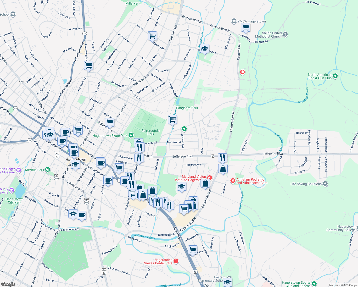 map of restaurants, bars, coffee shops, grocery stores, and more near 731 Medway Road in Hagerstown