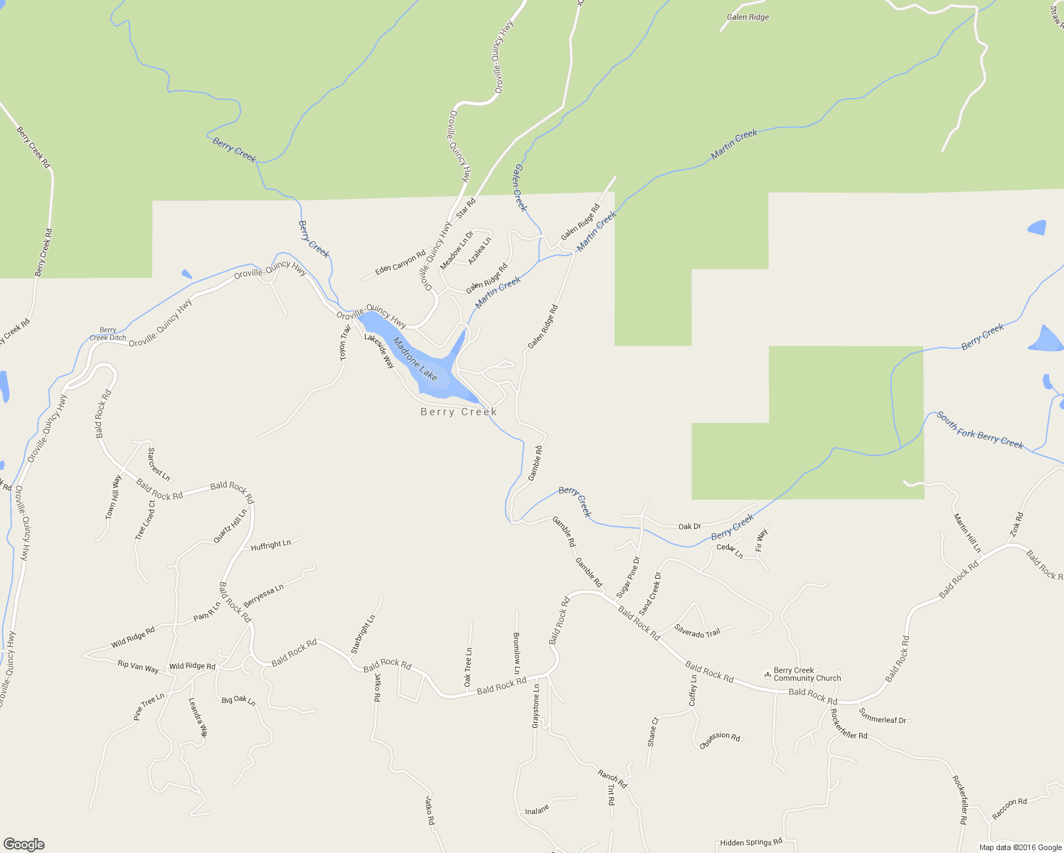 map of restaurants, bars, coffee shops, grocery stores, and more near Lake Madrone Road in Berry Creek