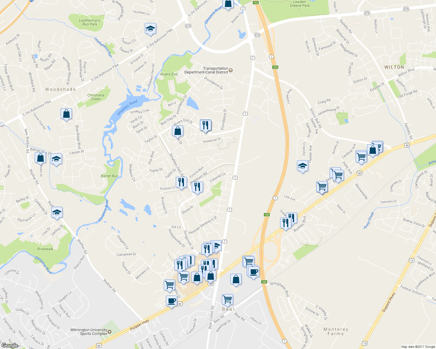 map of restaurants, bars, coffee shops, grocery stores, and more near 3 Ross Court in Newark