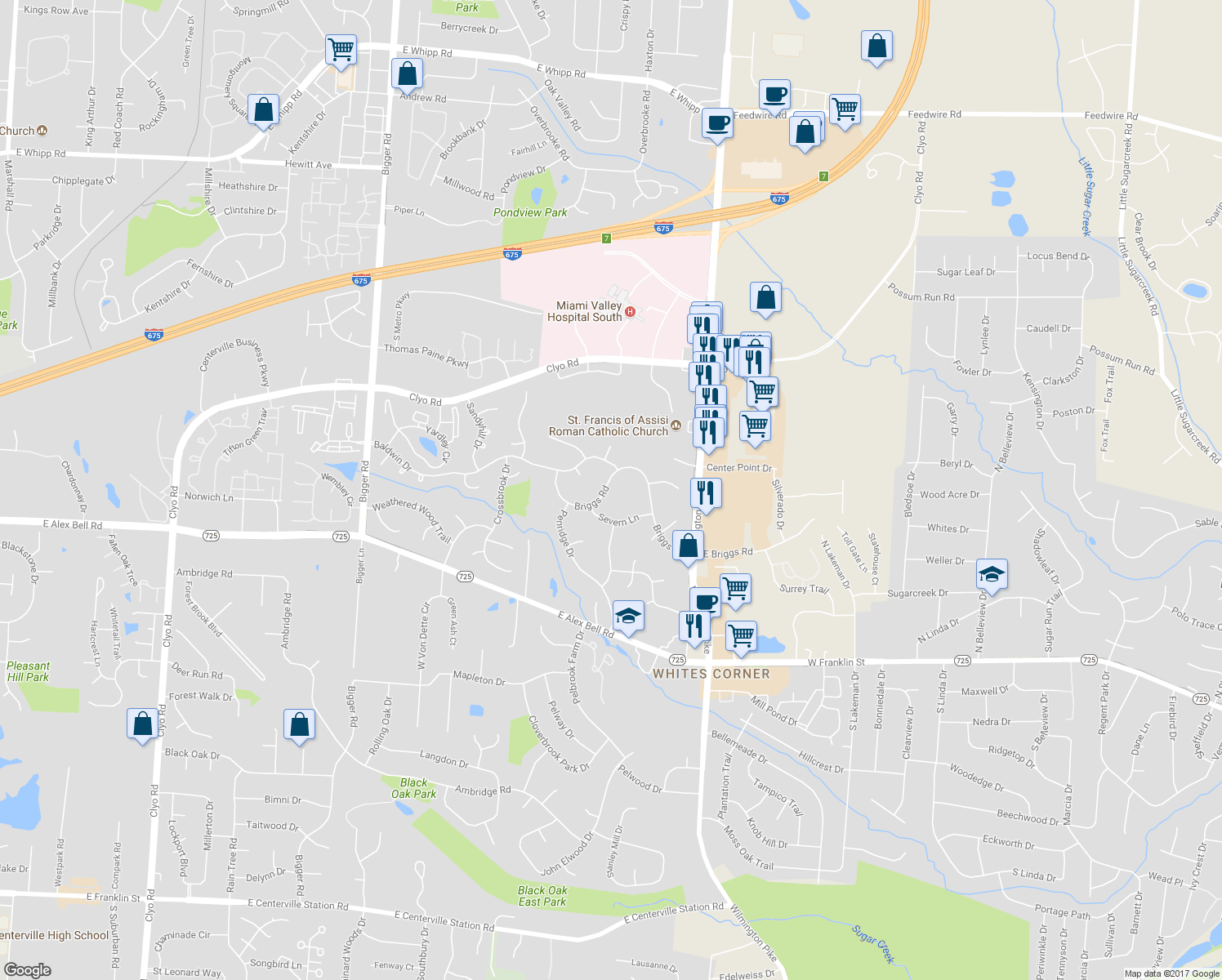 map of restaurants, bars, coffee shops, grocery stores, and more near 2272 Briggs Road in Centerville