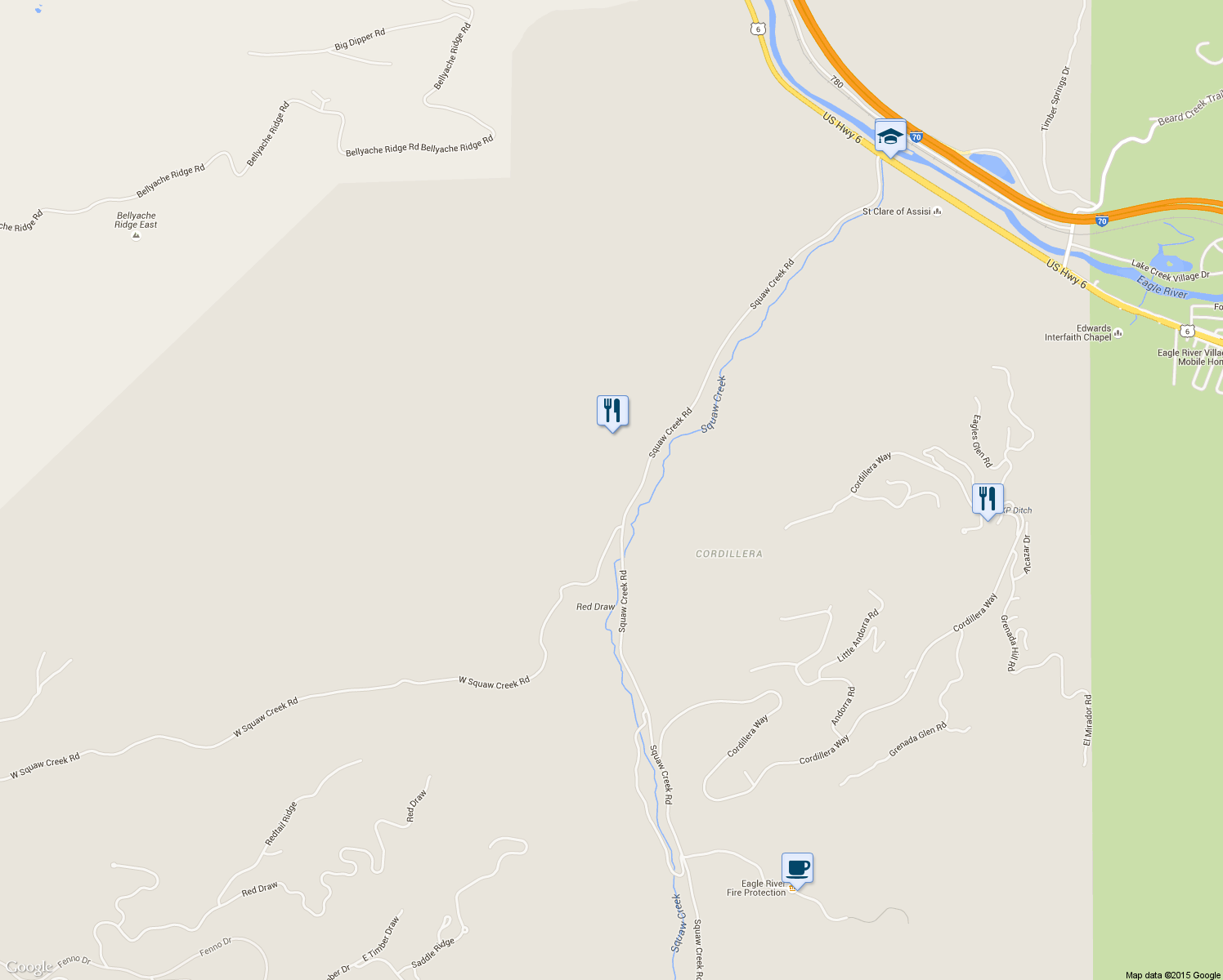 map of restaurants, bars, coffee shops, grocery stores, and more near 1153 West Squaw Creek Road in Edwards