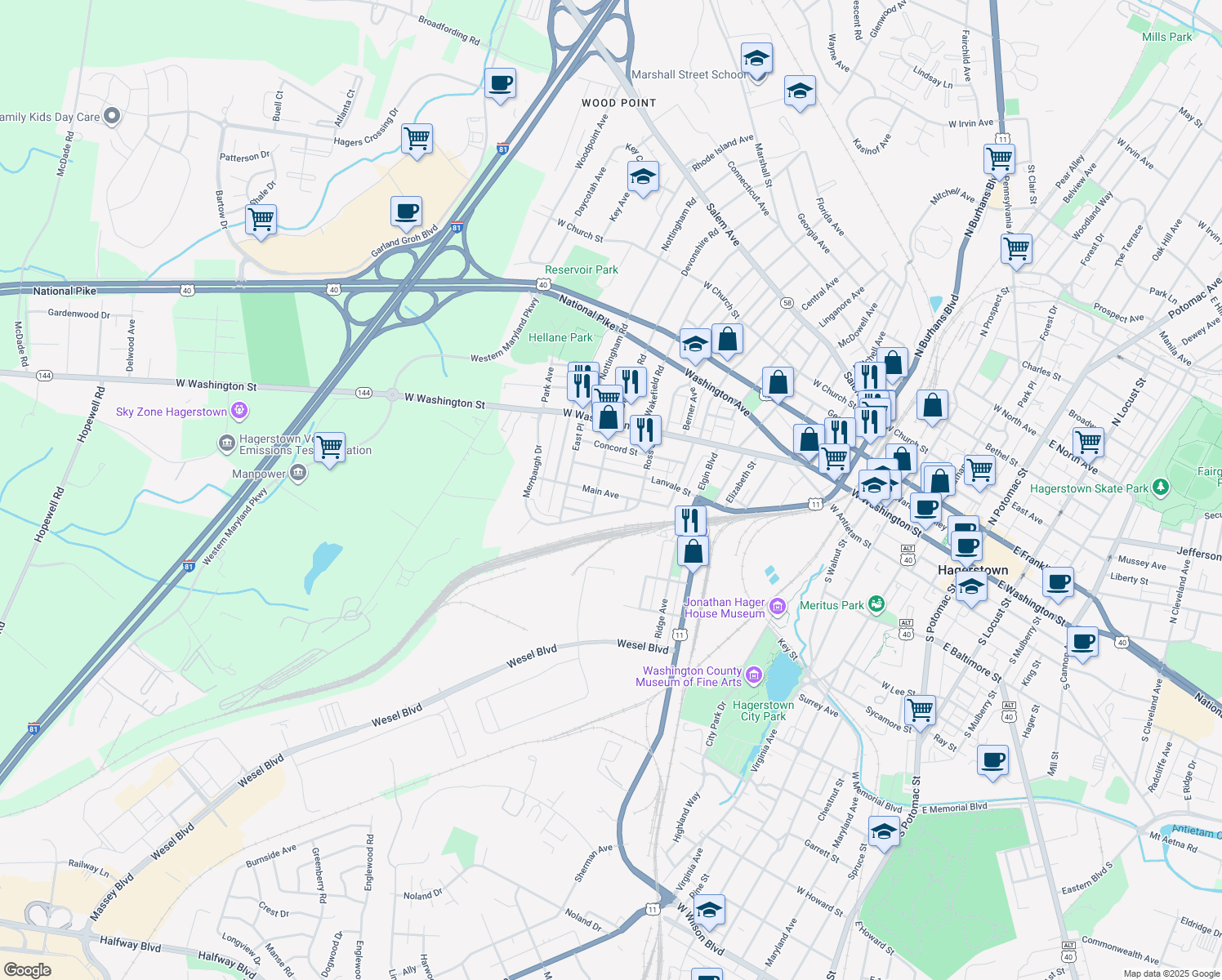 map of restaurants, bars, coffee shops, grocery stores, and more near 974 Main Avenue in Hagerstown
