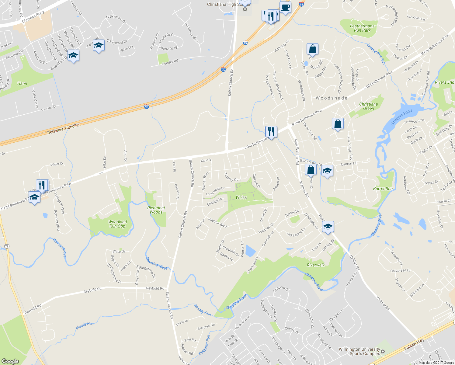 map of restaurants, bars, coffee shops, grocery stores, and more near 4 Alice Court in Newark