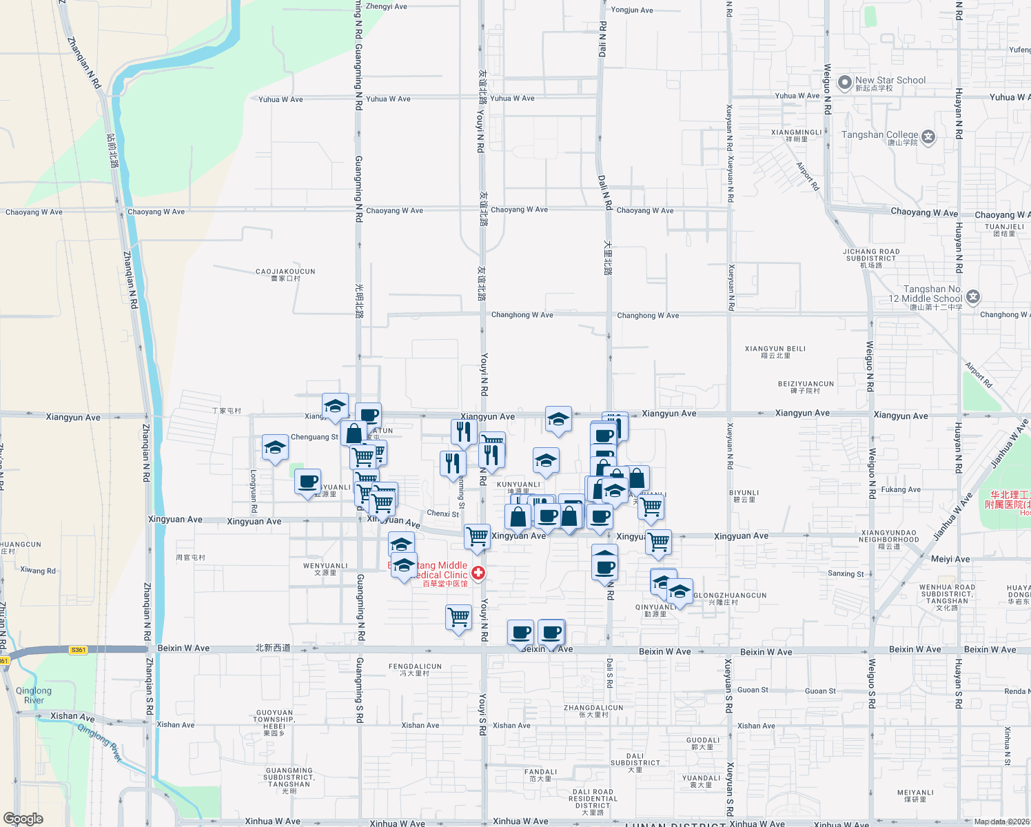 map of restaurants, bars, coffee shops, grocery stores, and more near Xiang Yun Dao in Tang Shan Shi