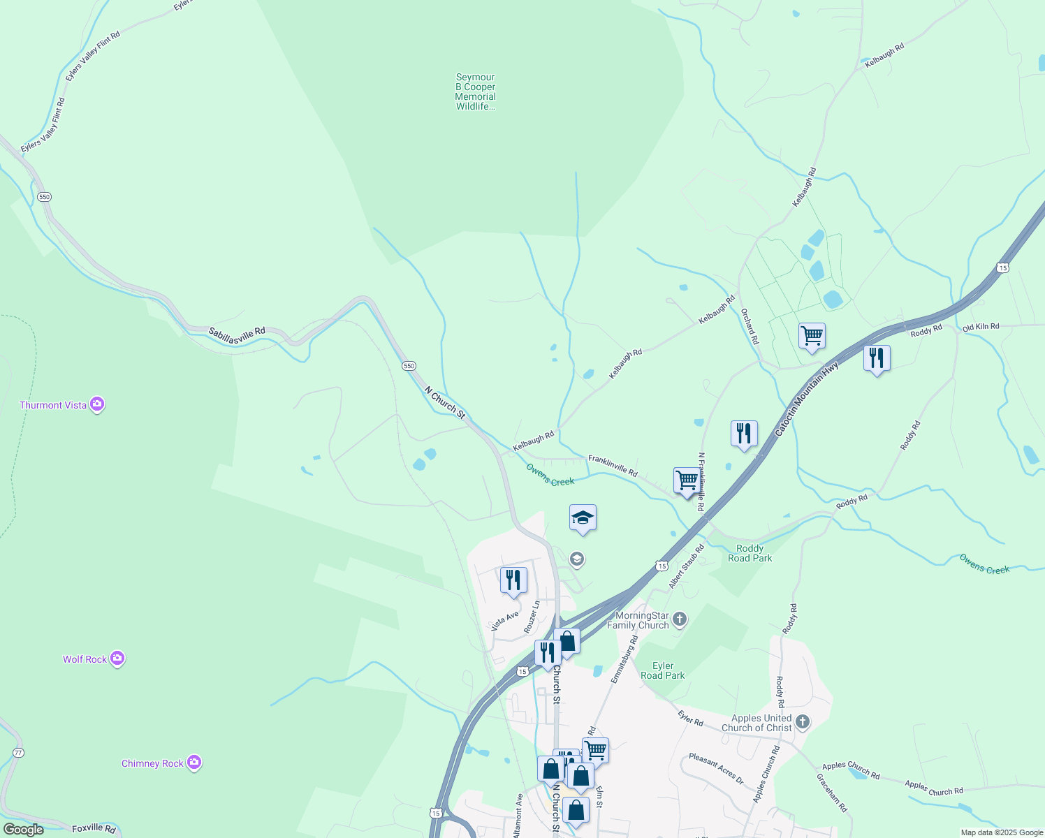 map of restaurants, bars, coffee shops, grocery stores, and more near 14928 Kelbaugh Road in Thurmont