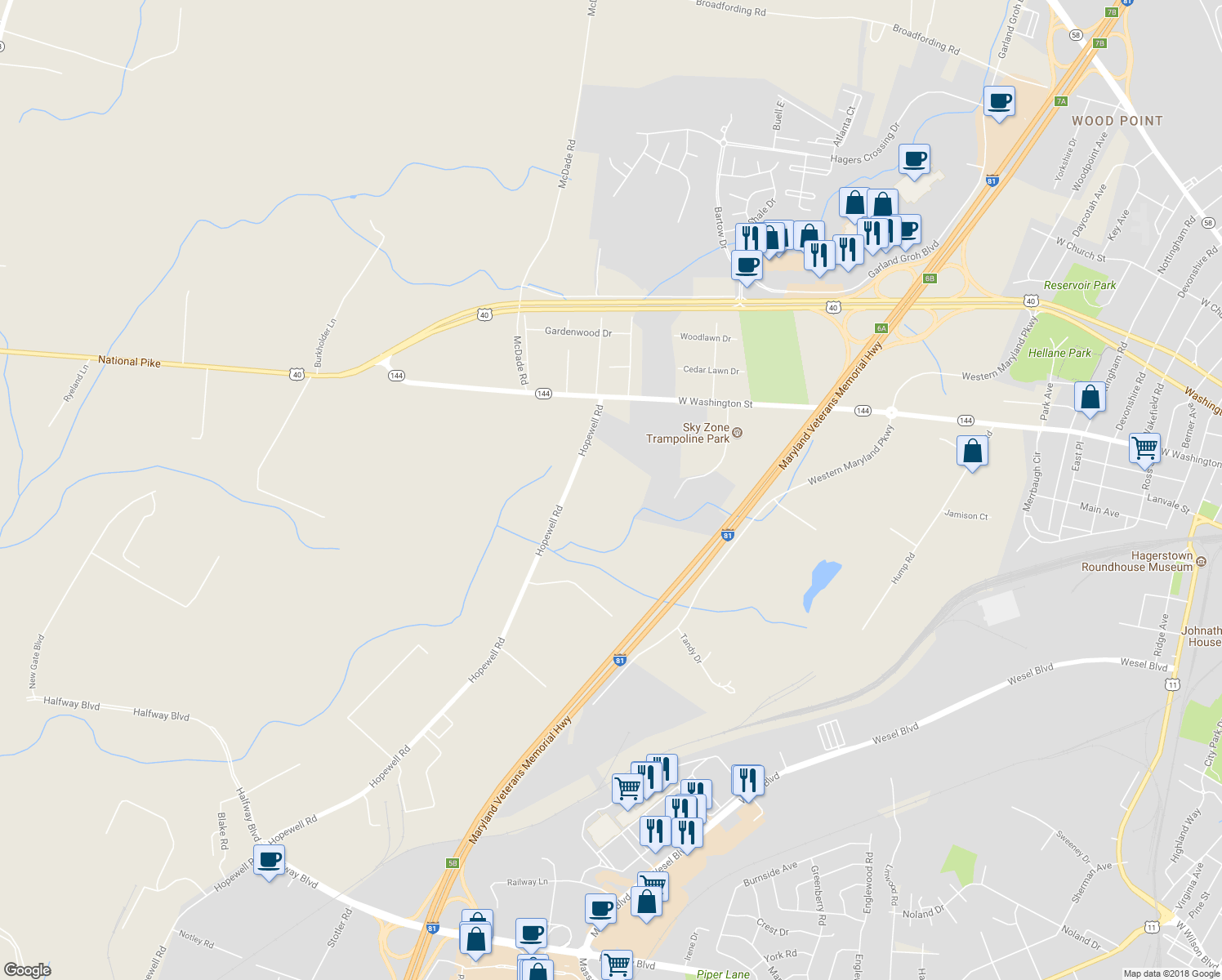 map of restaurants, bars, coffee shops, grocery stores, and more near 12031 Hopewell Road in Hagerstown