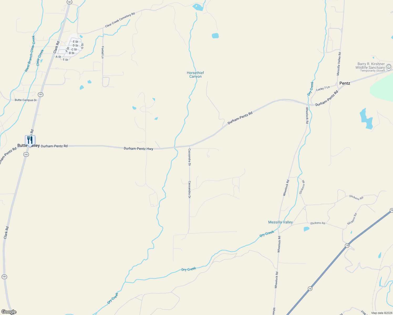 map of restaurants, bars, coffee shops, grocery stores, and more near 2544 Cassandra Drive in Butte Valley