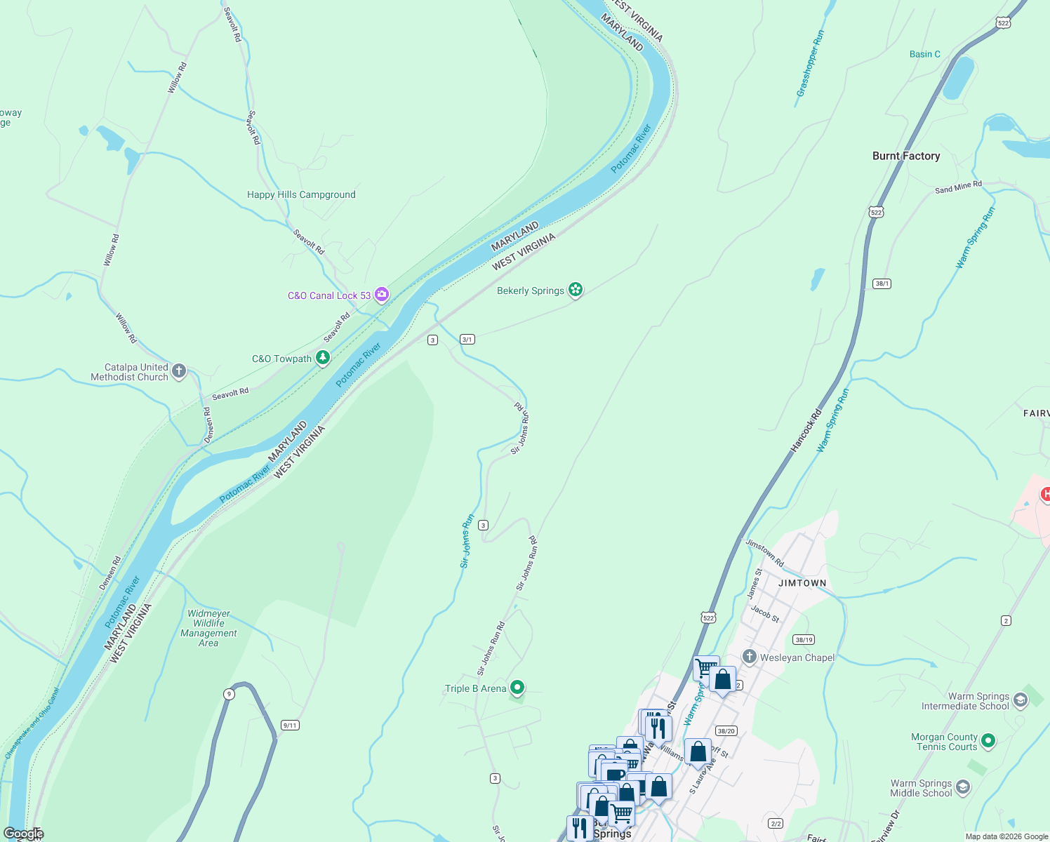 map of restaurants, bars, coffee shops, grocery stores, and more near 1956 Sir Johns Run Road in Berkeley Springs