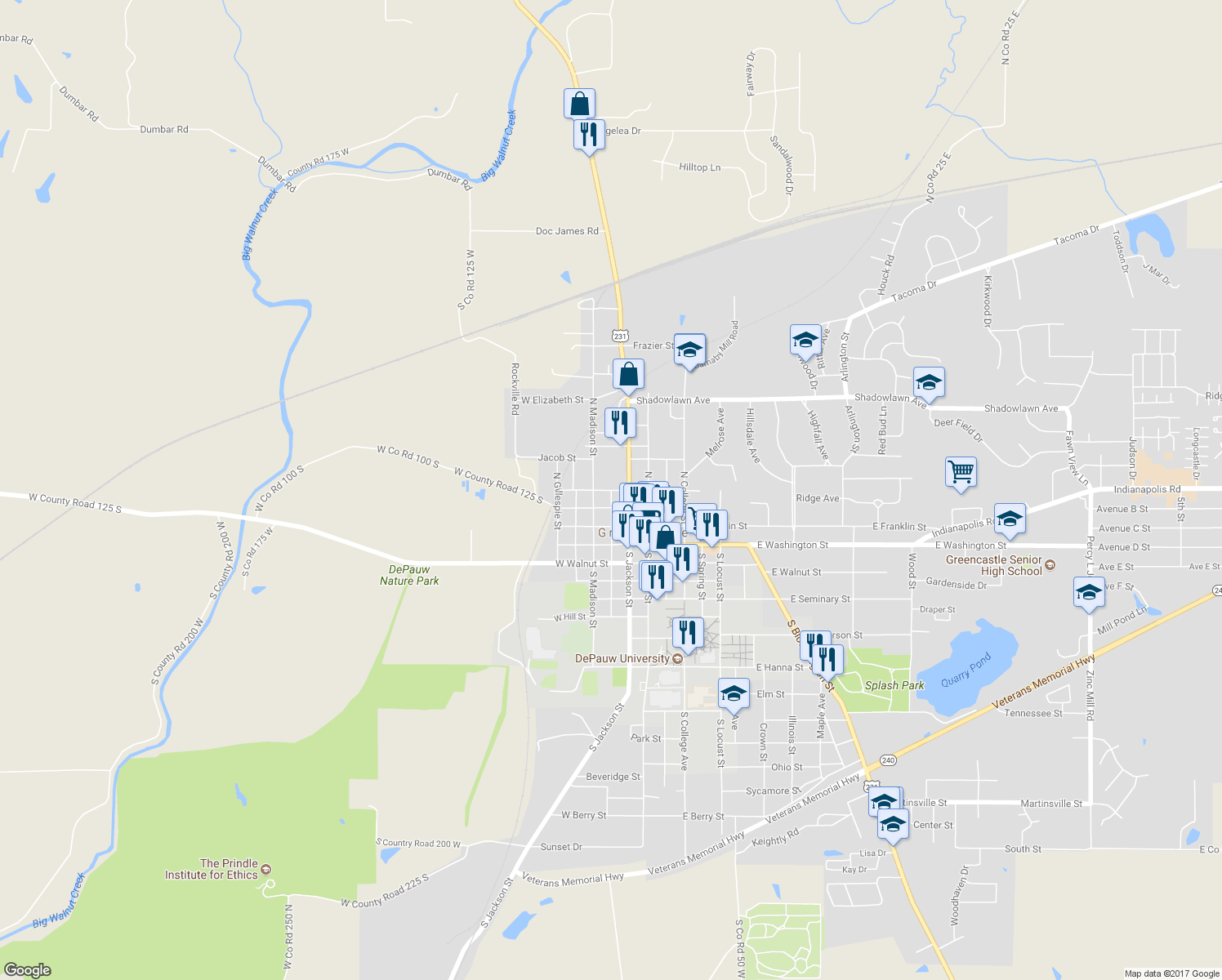 map of restaurants, bars, coffee shops, grocery stores, and more near 201 West Liberty Street in Greencastle