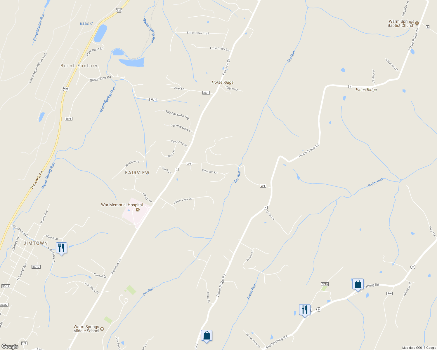 map of restaurants, bars, coffee shops, grocery stores, and more near 190 Whissen Lane in Berkeley Springs