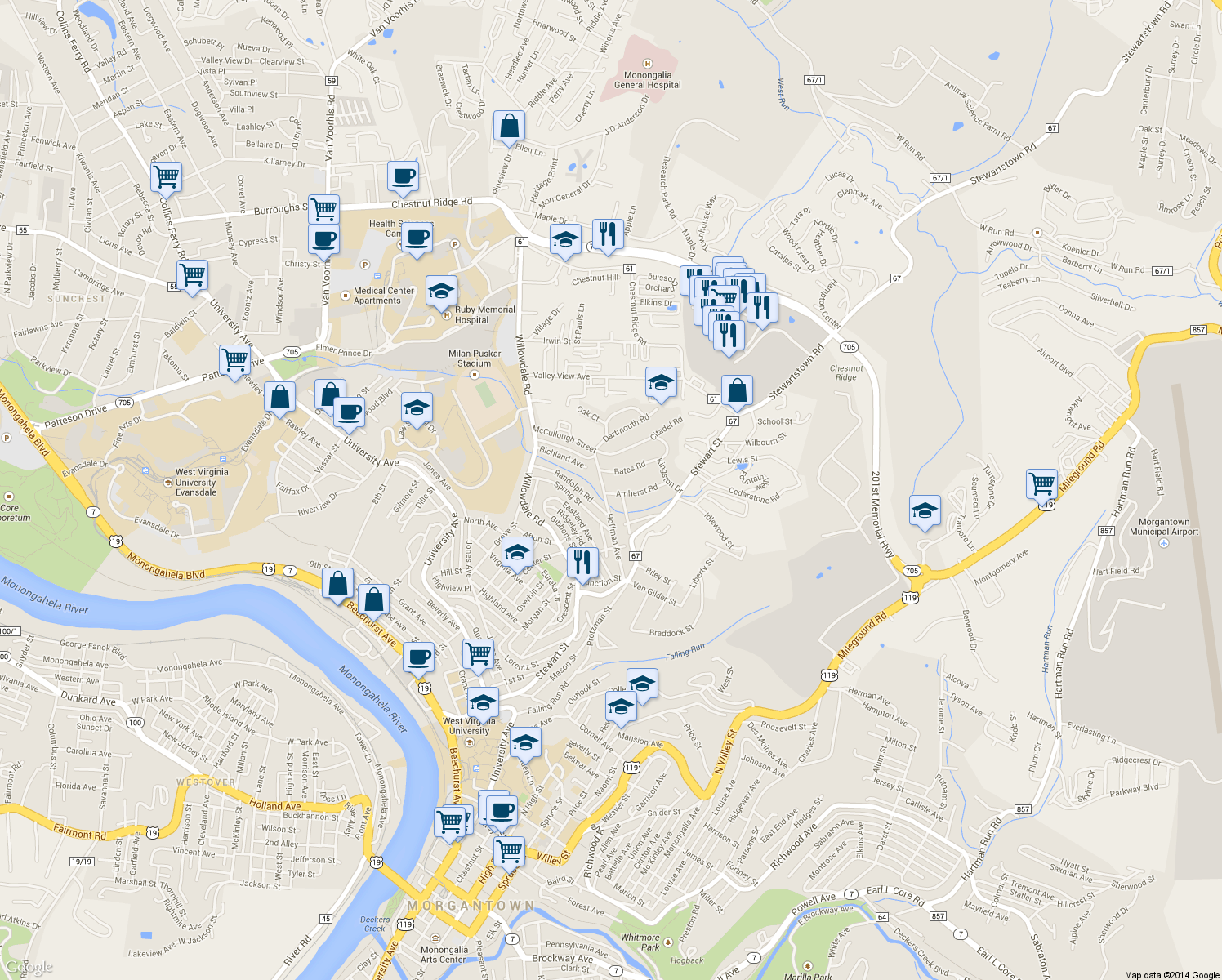 map of restaurants, bars, coffee shops, grocery stores, and more near 741 Amherst Rd in Morgantown
