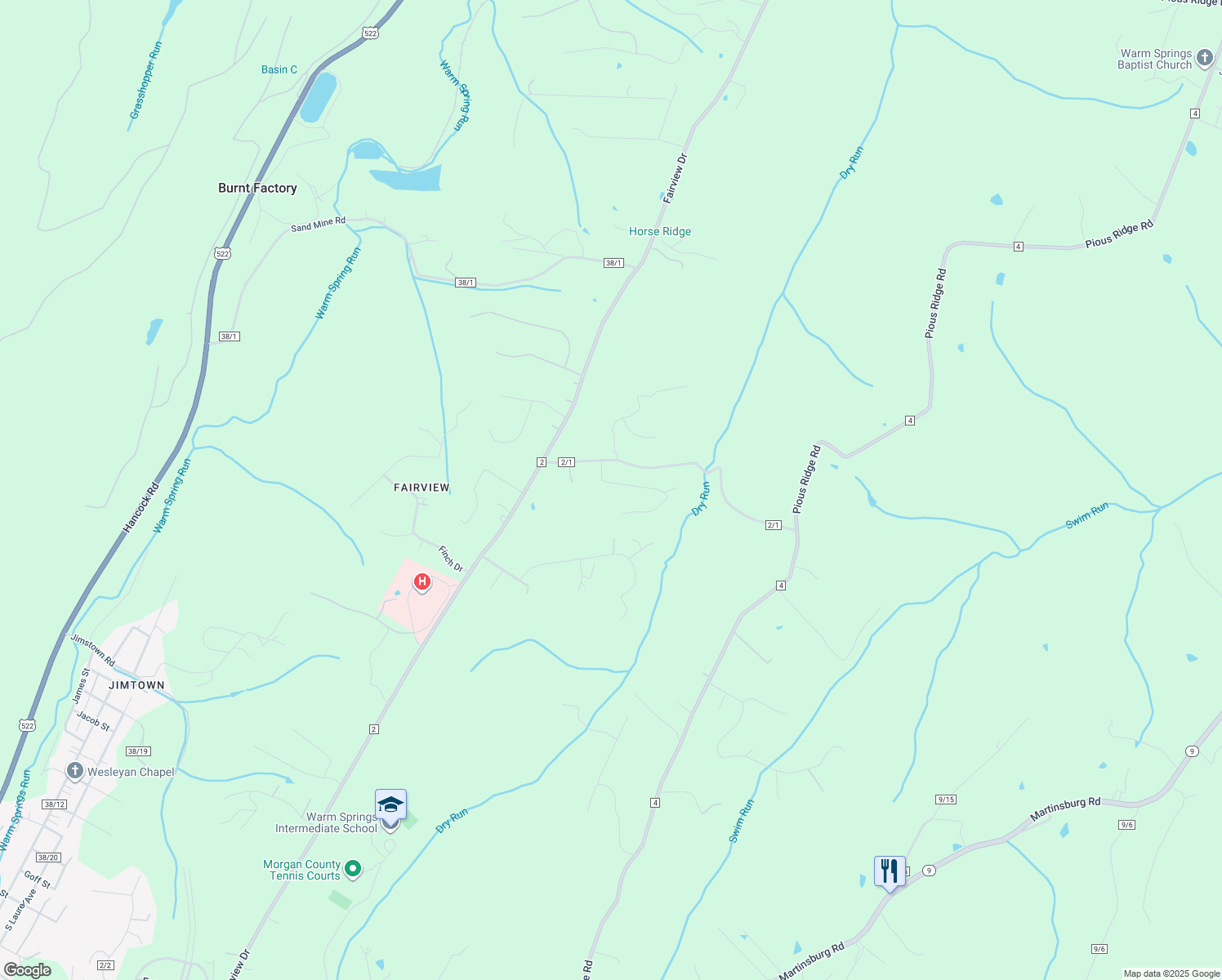 map of restaurants, bars, coffee shops, grocery stores, and more near 68 Whissen Lane in Berkeley Springs