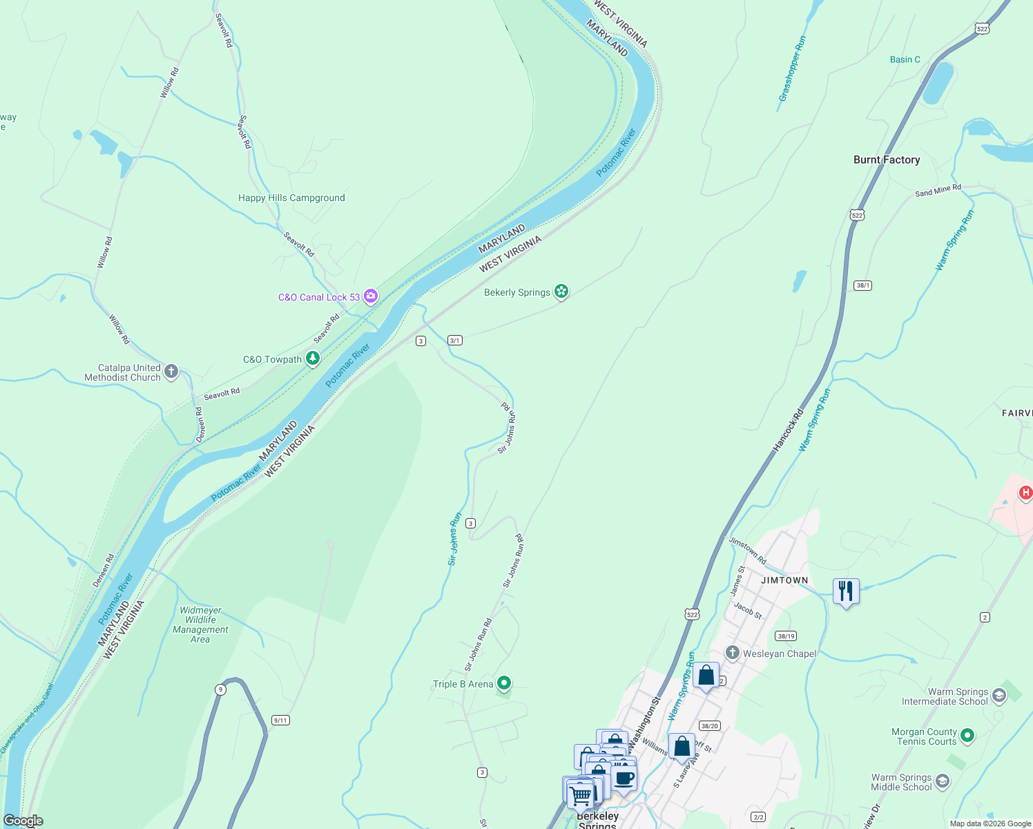 map of restaurants, bars, coffee shops, grocery stores, and more near 1956 Sir Johns Run Road in Berkeley Springs