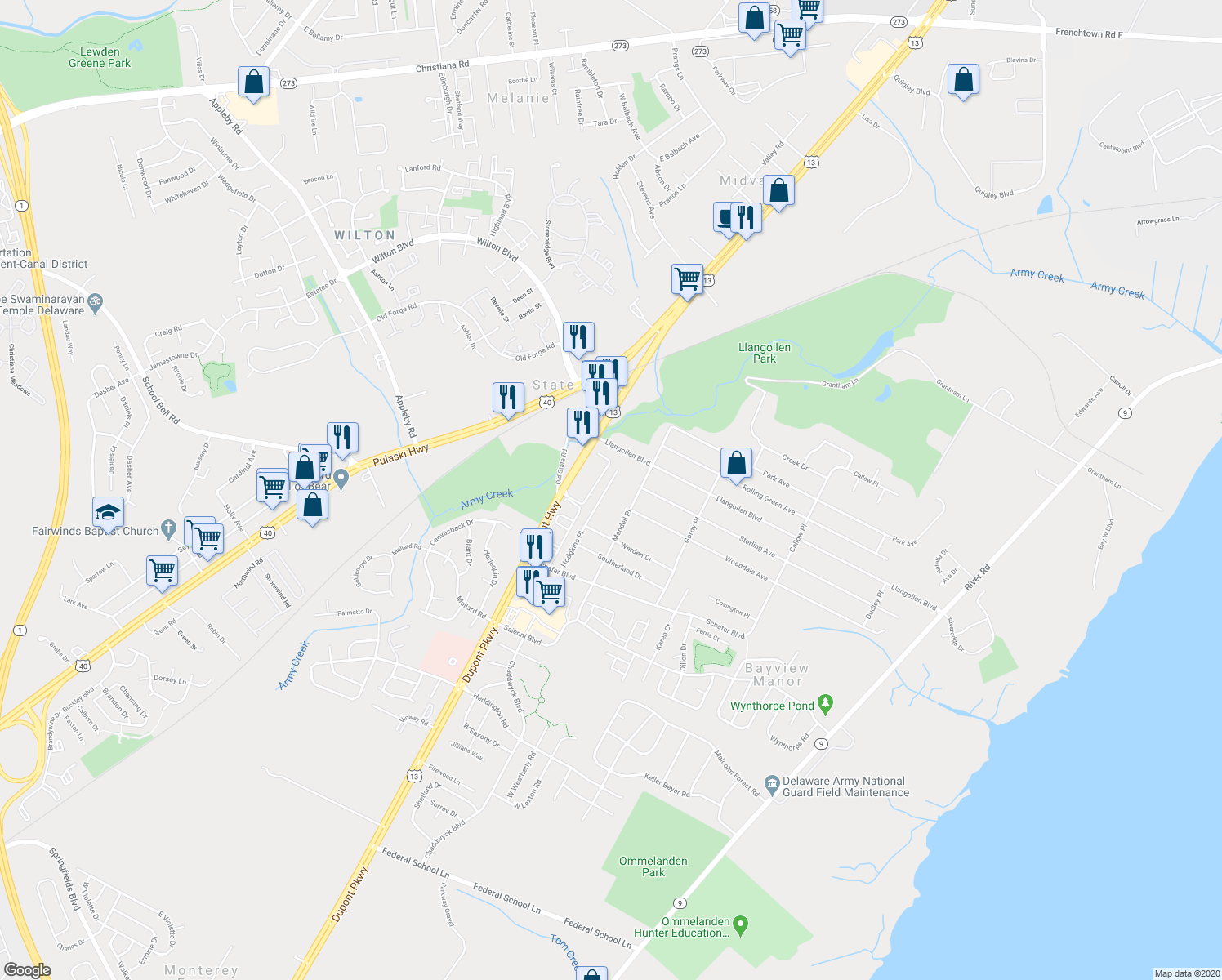 map of restaurants, bars, coffee shops, grocery stores, and more near 7 Hodgkins Pl in New Castle