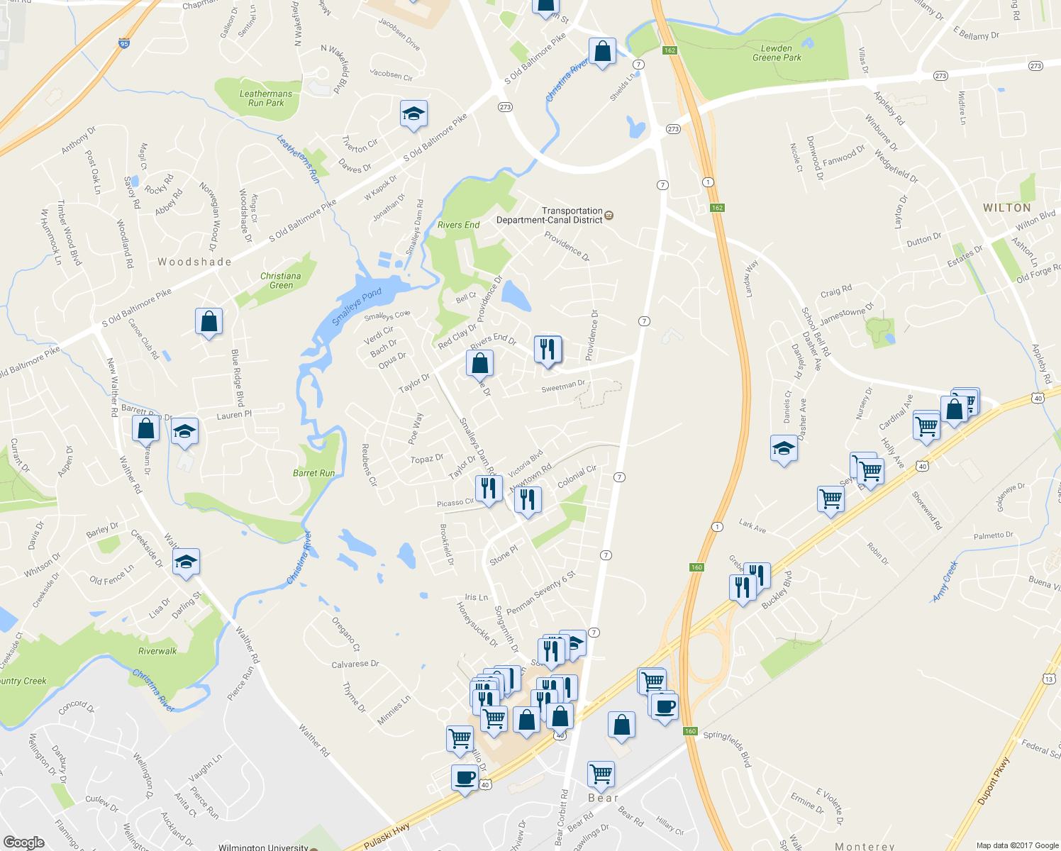 map of restaurants, bars, coffee shops, grocery stores, and more near 100 Balmoral Way in Newark