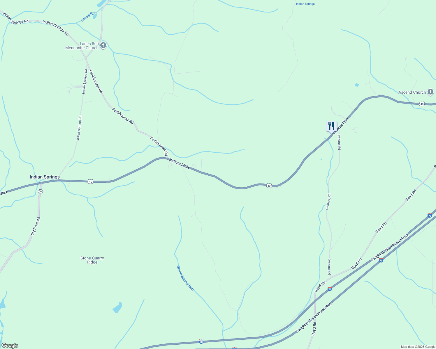 map of restaurants, bars, coffee shops, grocery stores, and more near 11422 National Pike in Clear Spring