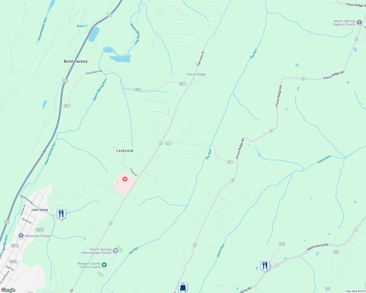 map of restaurants, bars, coffee shops, grocery stores, and more near 68 Whissen Lane in Berkeley Springs