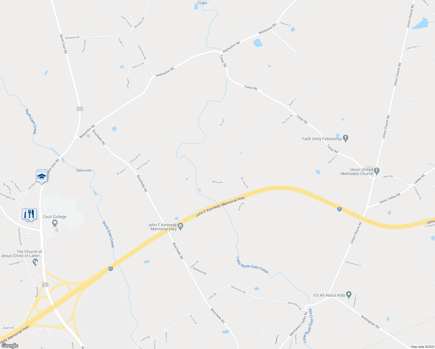 map of restaurants, bars, coffee shops, grocery stores, and more near 119 Murray Road in Elkton