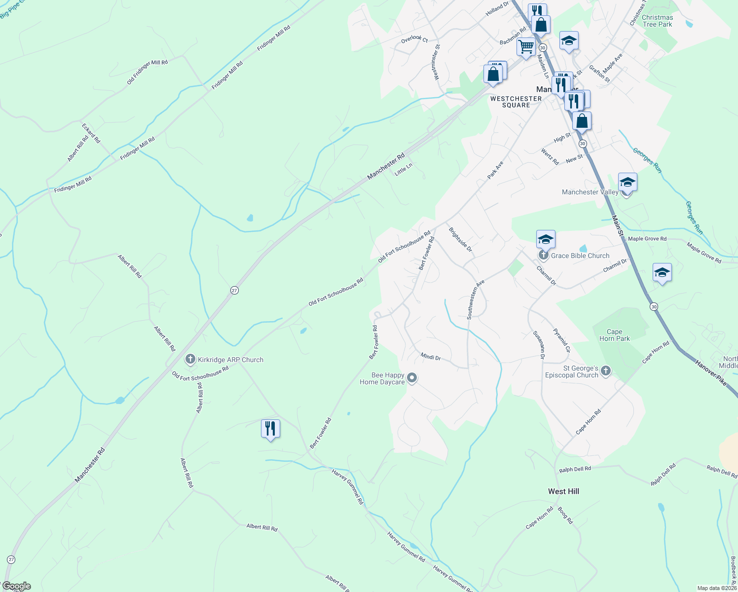 map of restaurants, bars, coffee shops, grocery stores, and more near 2617 Old Fort Schoolhouse Road in Hampstead