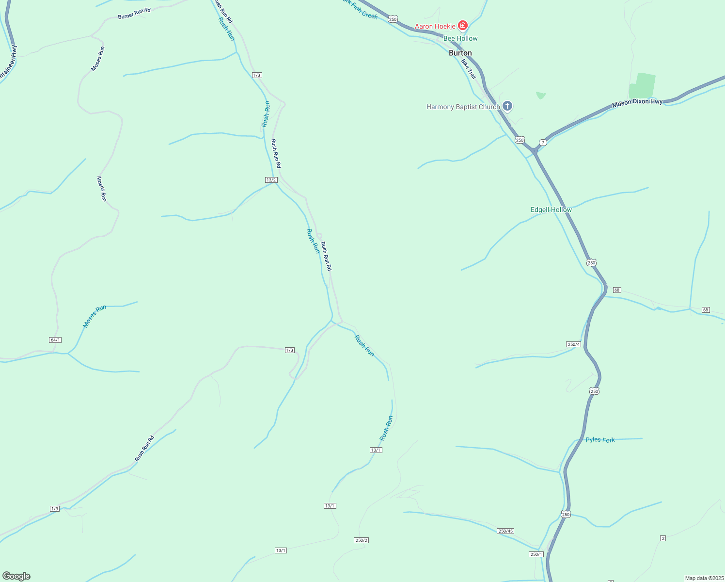 map of restaurants, bars, coffee shops, grocery stores, and more near 2183 Rush Run Road in Burton
