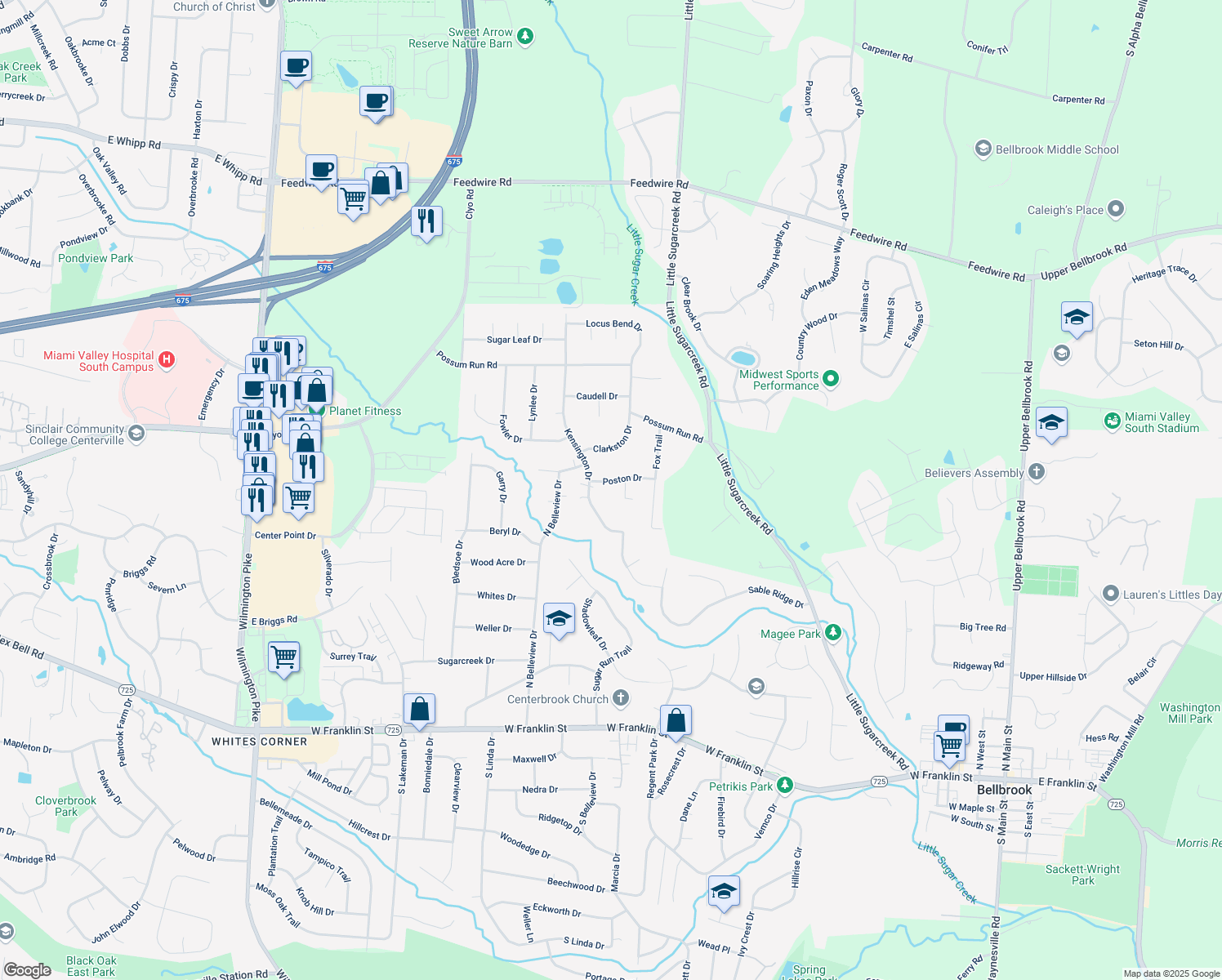 map of restaurants, bars, coffee shops, grocery stores, and more near 4071 Poston Drive in Bellbrook