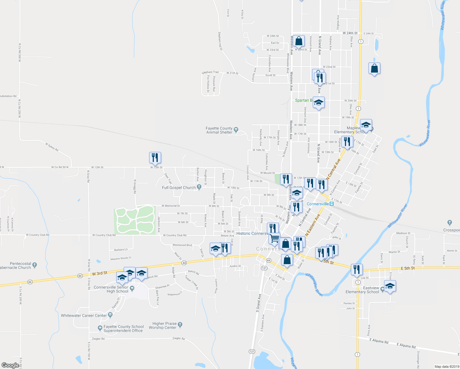 map of restaurants, bars, coffee shops, grocery stores, and more near 1007 Oak Street in Connersville