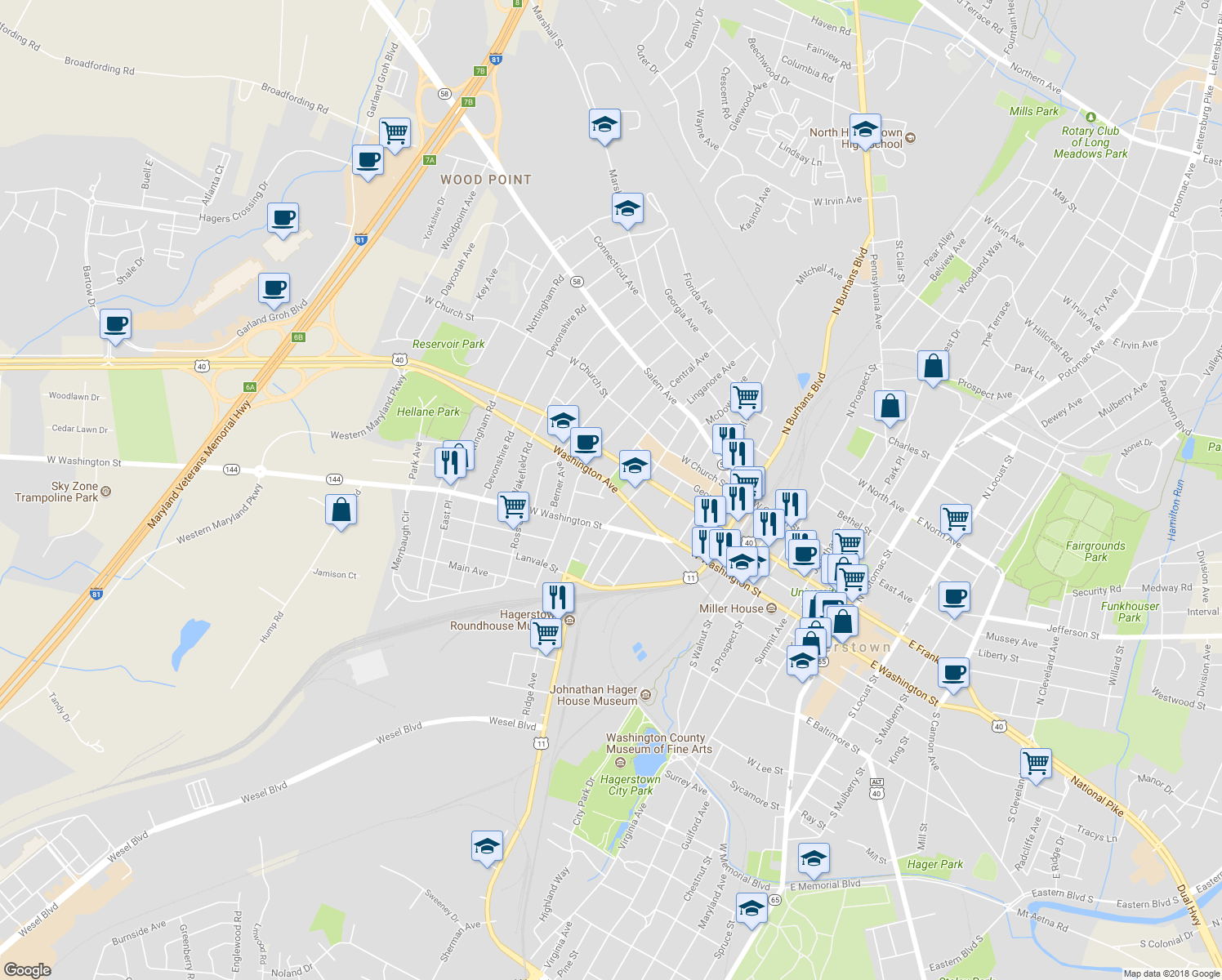 map of restaurants, bars, coffee shops, grocery stores, and more near 727 Washington Avenue in Hagerstown