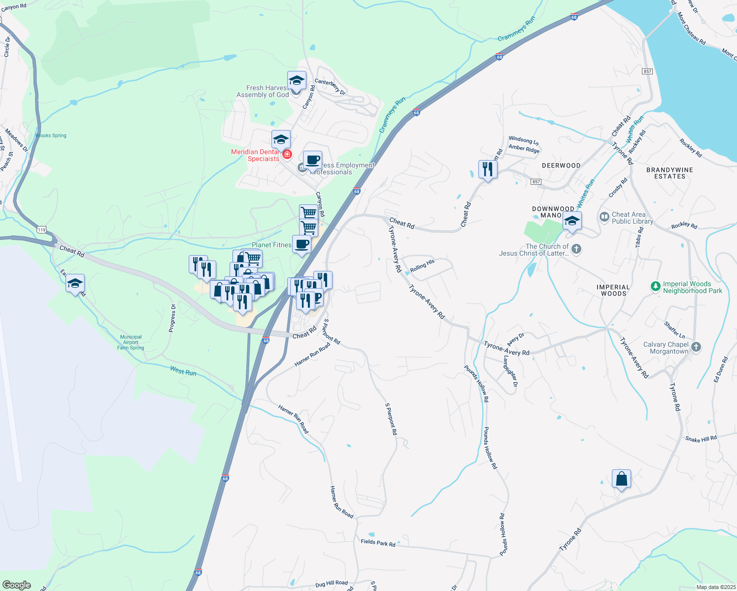 map of restaurants, bars, coffee shops, grocery stores, and more near 398 Anini Drive in Morgantown