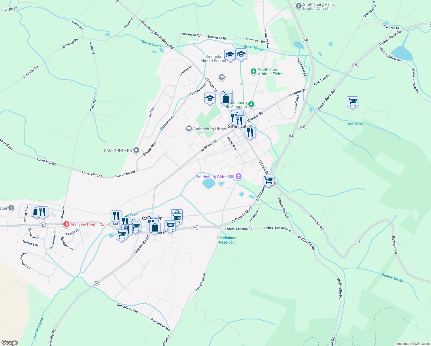 map of restaurants, bars, coffee shops, grocery stores, and more near 21 Chips Court in Smithsburg