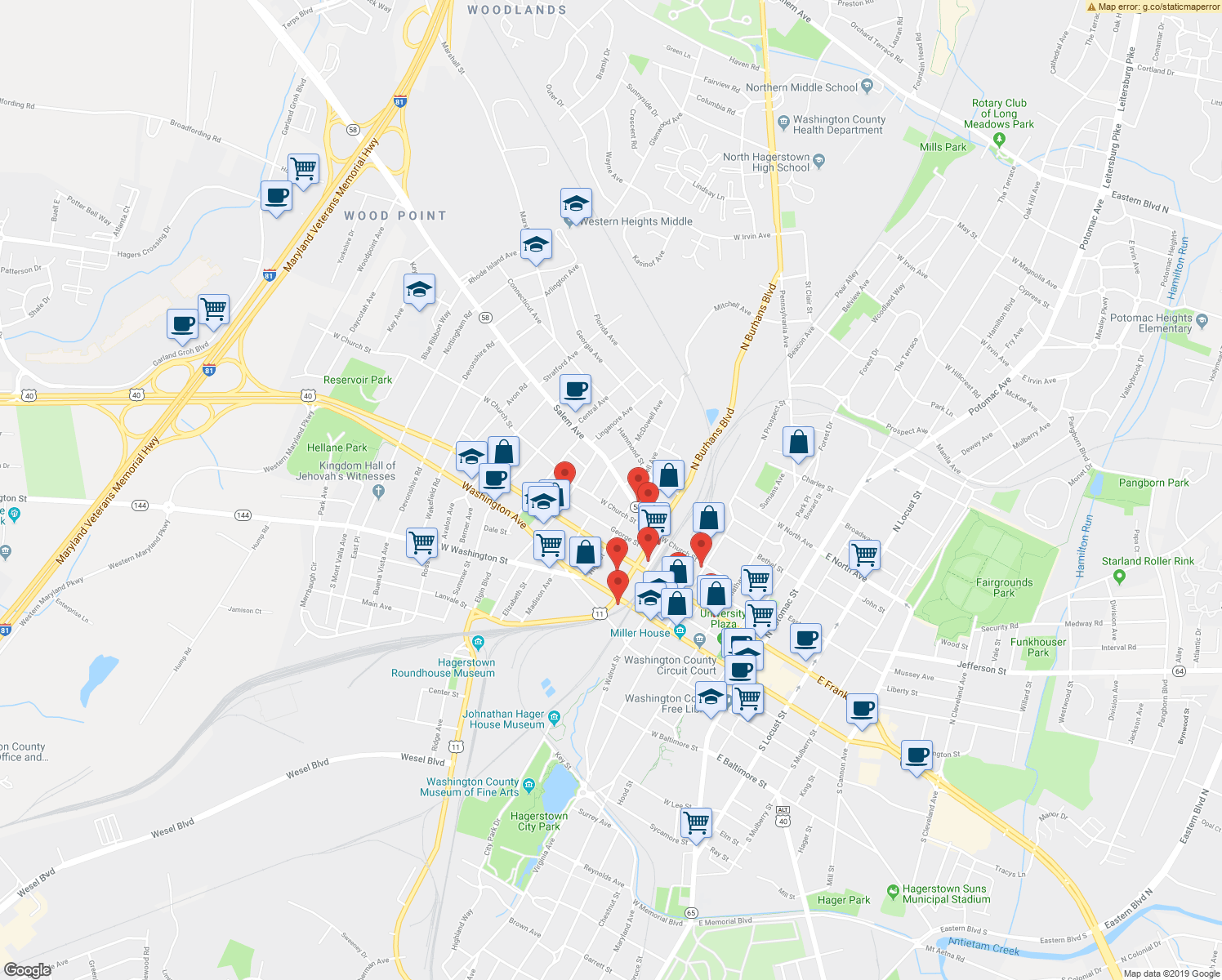 map of restaurants, bars, coffee shops, grocery stores, and more near 217 James Street in Hagerstown