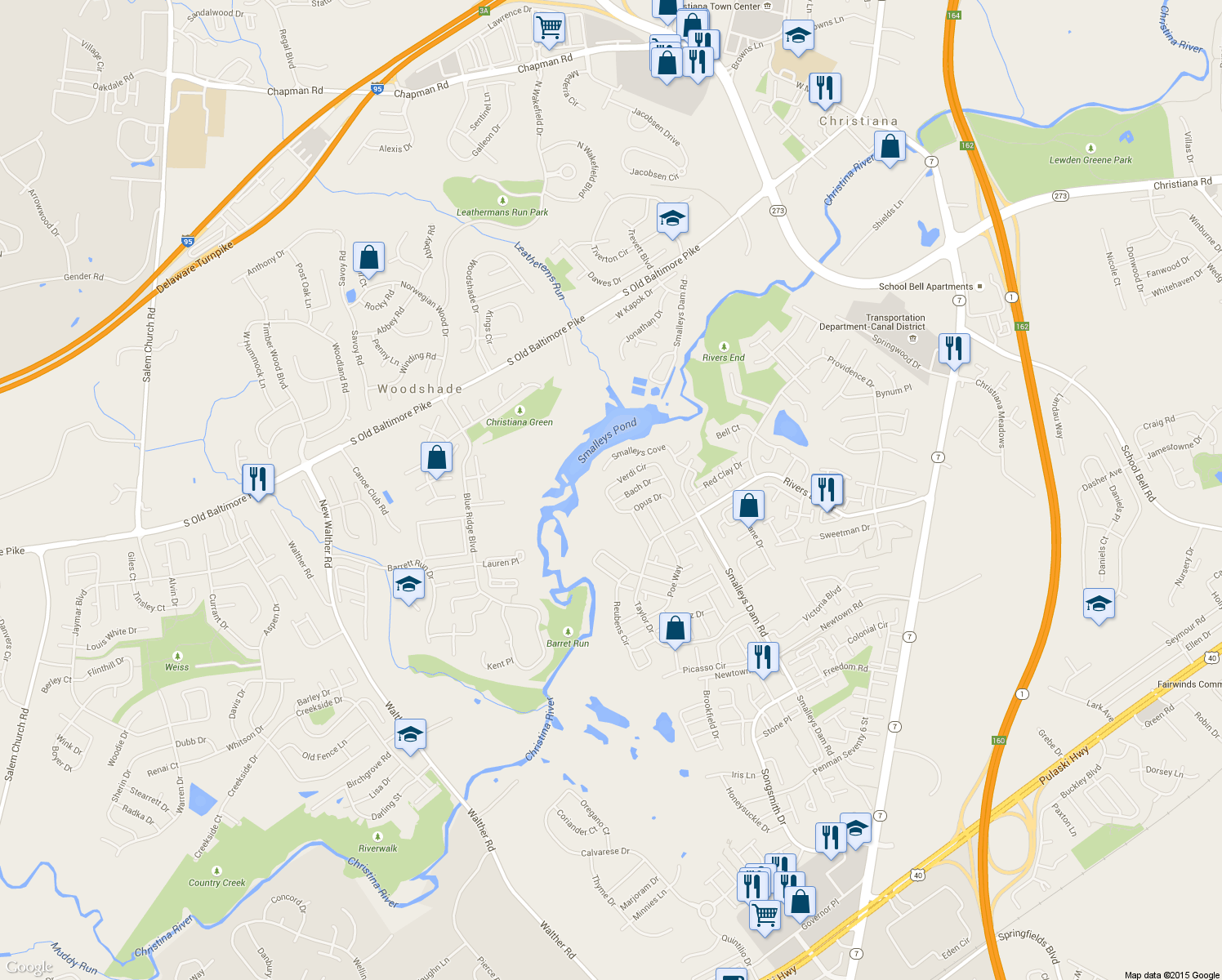 map of restaurants, bars, coffee shops, grocery stores, and more near 11 Verdi Cir in Newark