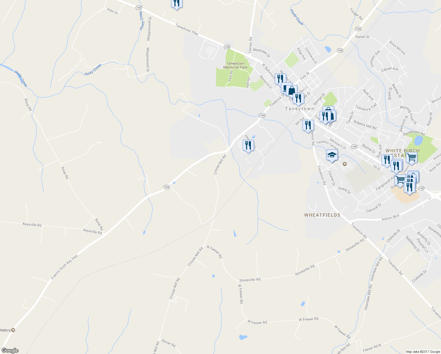 map of restaurants, bars, coffee shops, grocery stores, and more near 2725 Crouse Mill Road in Taneytown