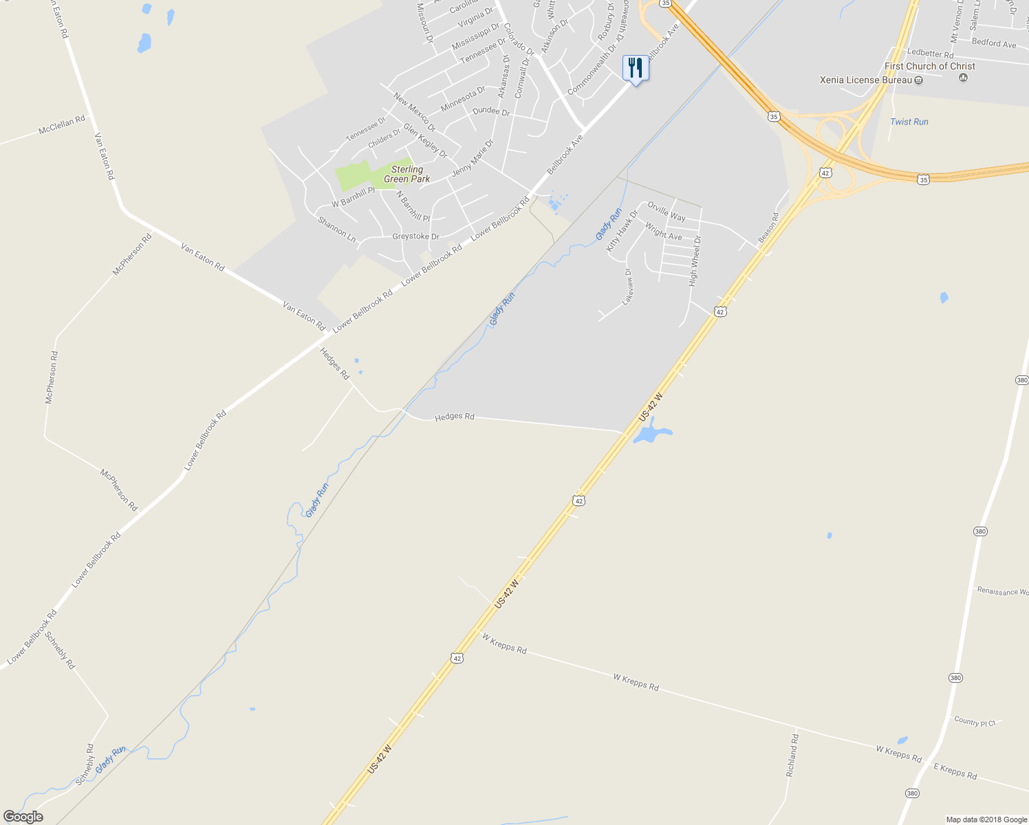 map of restaurants, bars, coffee shops, grocery stores, and more near 800 Hedges Road in Xenia