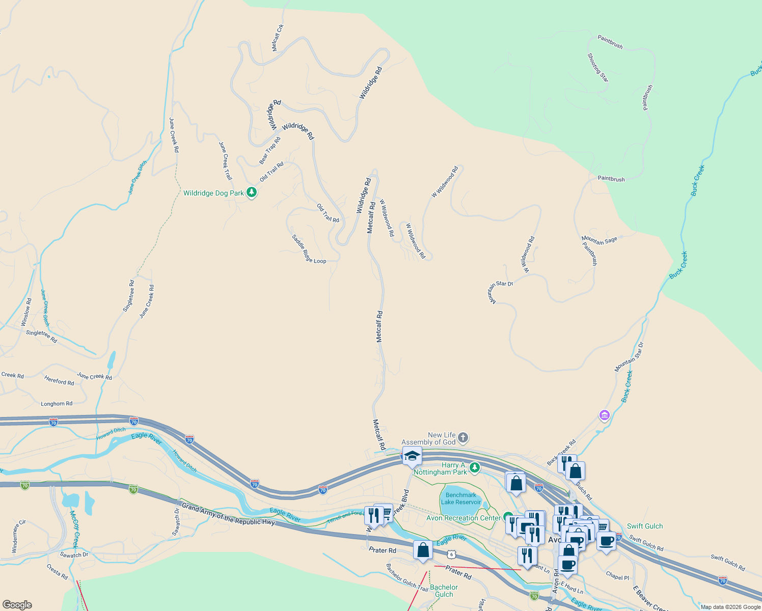 map of restaurants, bars, coffee shops, grocery stores, and more near 341 Metcalf Road in Edwards
