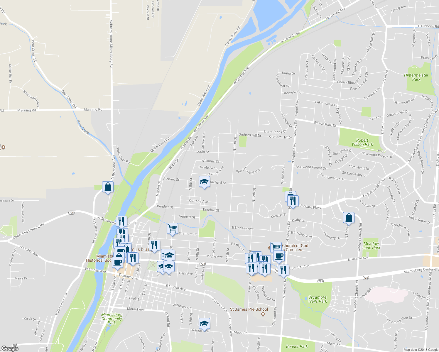 map of restaurants, bars, coffee shops, grocery stores, and more near 1126 Nunnery Drive in Miamisburg