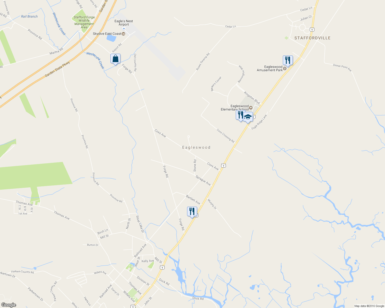 map of restaurants, bars, coffee shops, grocery stores, and more near 175 Coxs Avenue in Eagleswood