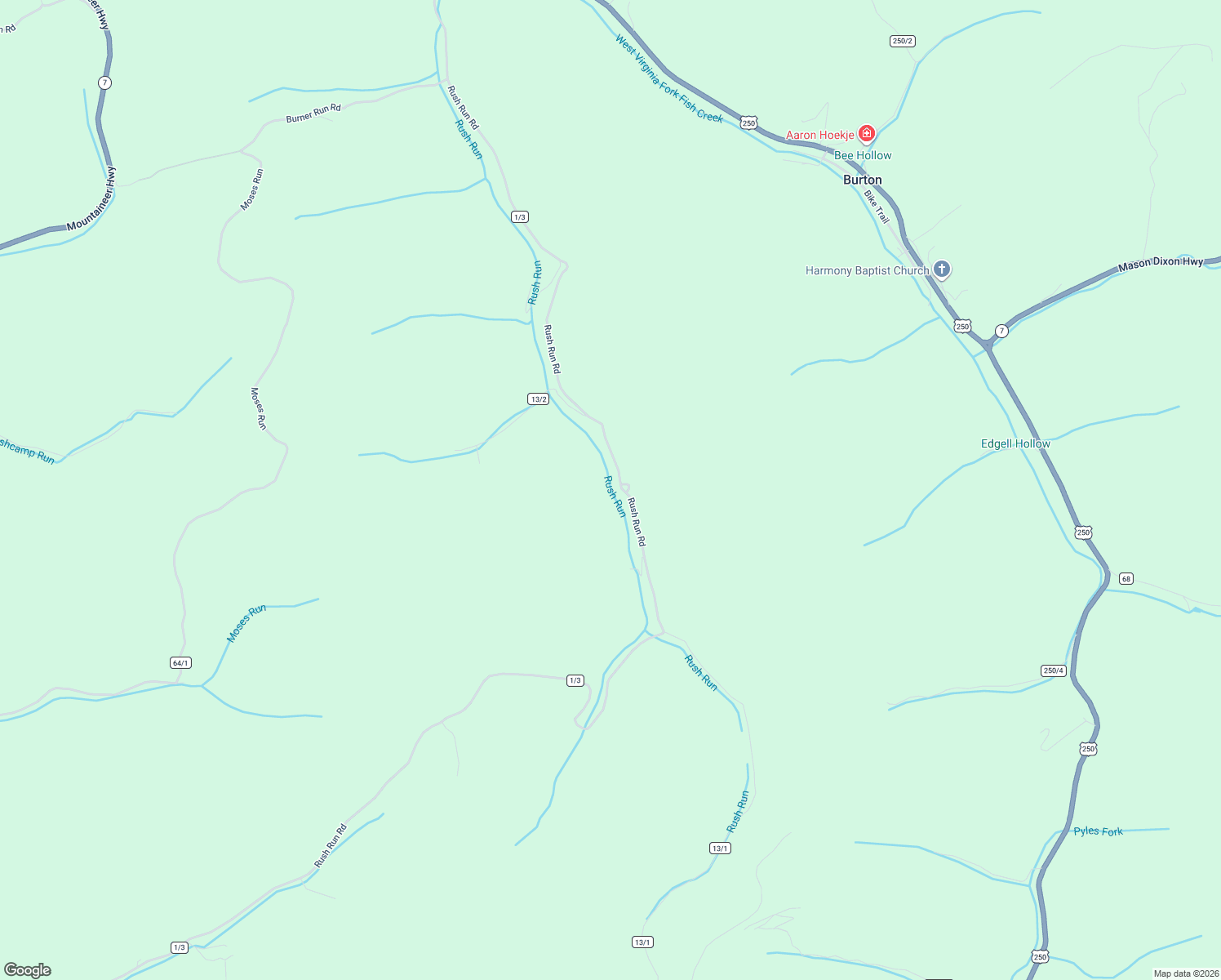 map of restaurants, bars, coffee shops, grocery stores, and more near 1742 Rush Run Road in Burton