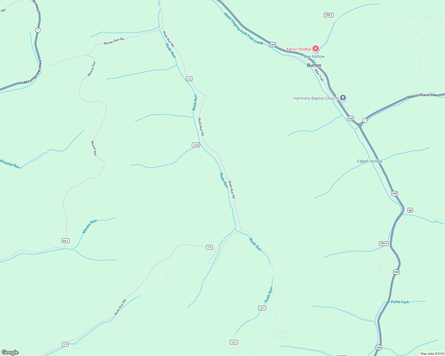 map of restaurants, bars, coffee shops, grocery stores, and more near 1742 Rush Run Road in Burton