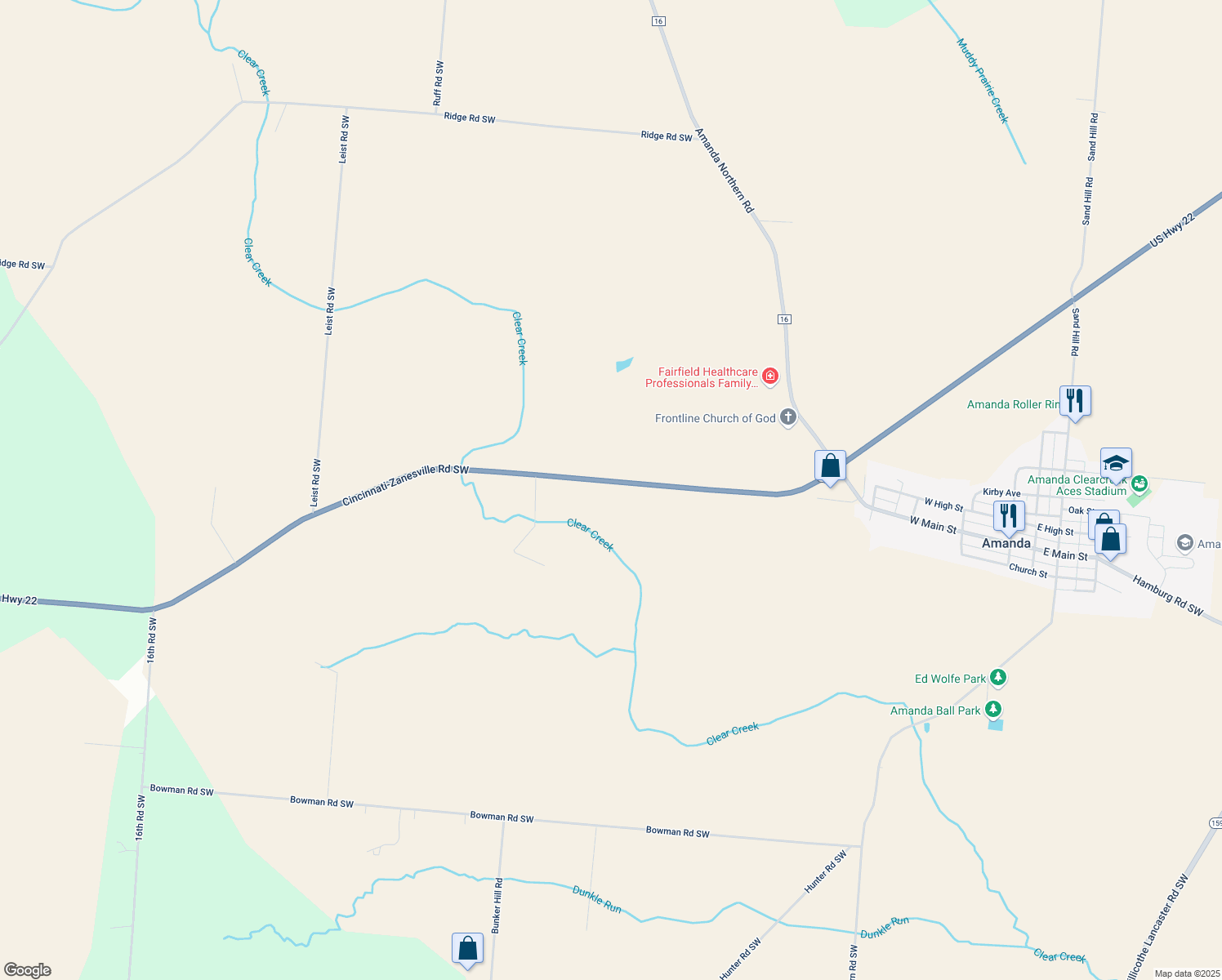 map of restaurants, bars, coffee shops, grocery stores, and more near 8205 Cincinnati-Zanesville Road Southwest in Amanda