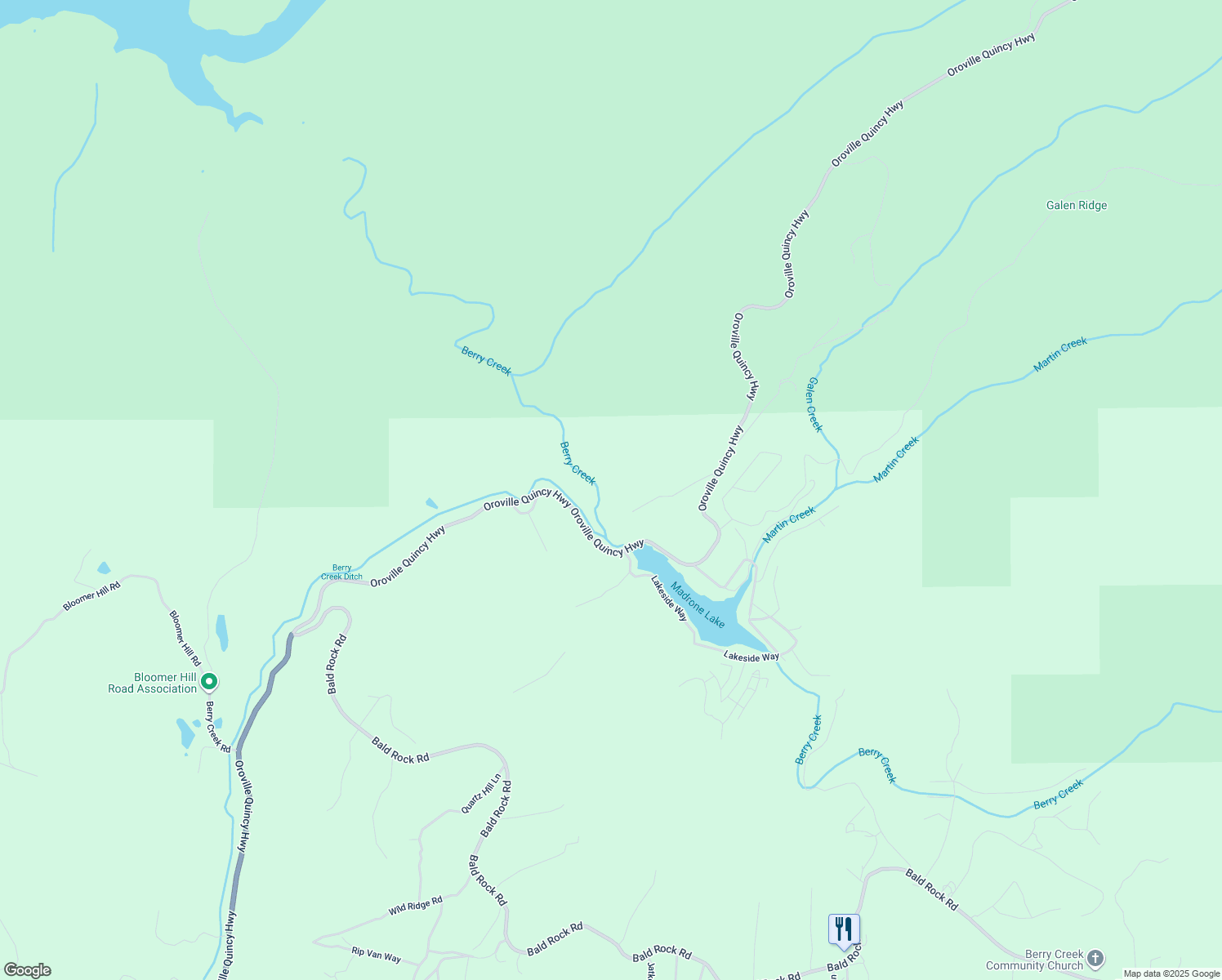map of restaurants, bars, coffee shops, grocery stores, and more near 582 Eden Canyon Road in Berry Creek