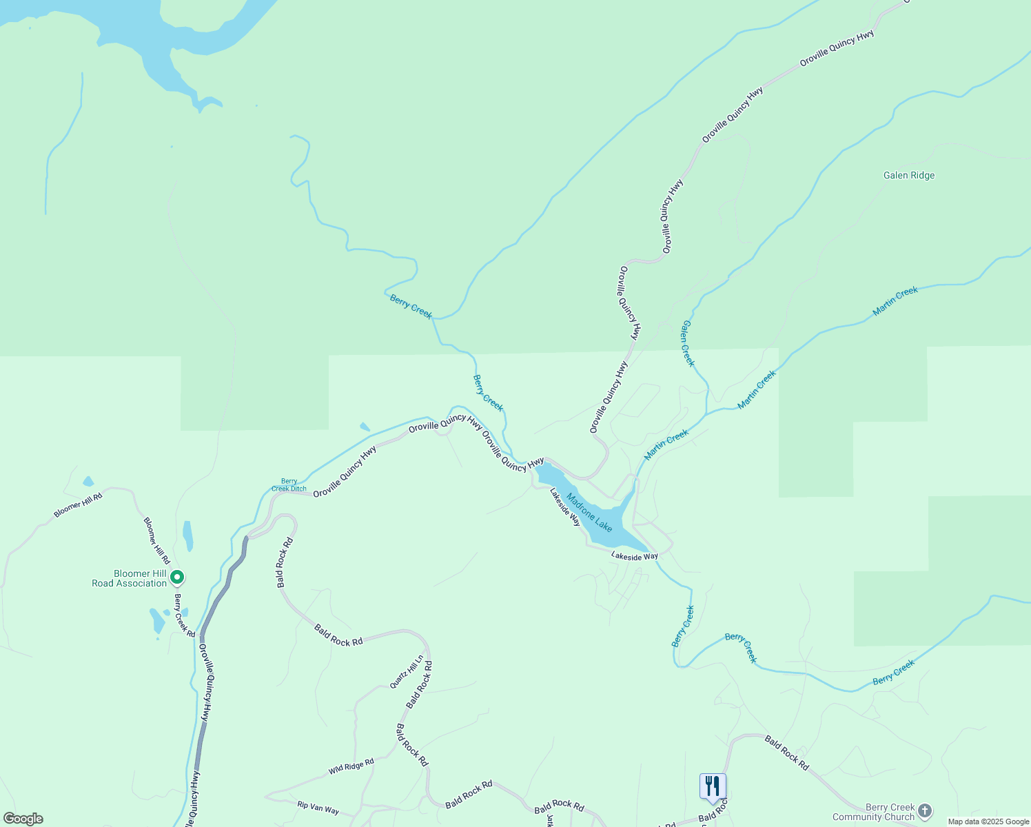 map of restaurants, bars, coffee shops, grocery stores, and more near 582 Eden Canyon Road in Berry Creek