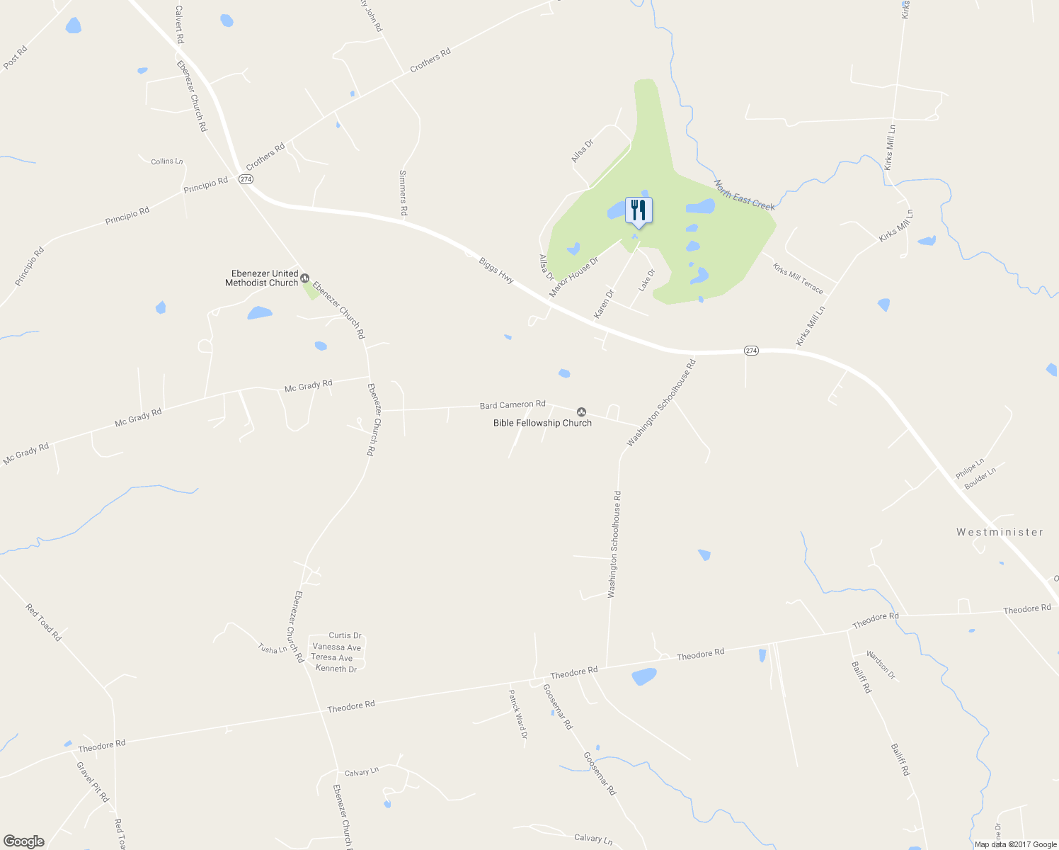 map of restaurants, bars, coffee shops, grocery stores, and more near 206 Bard Cameron Road in Rising Sun