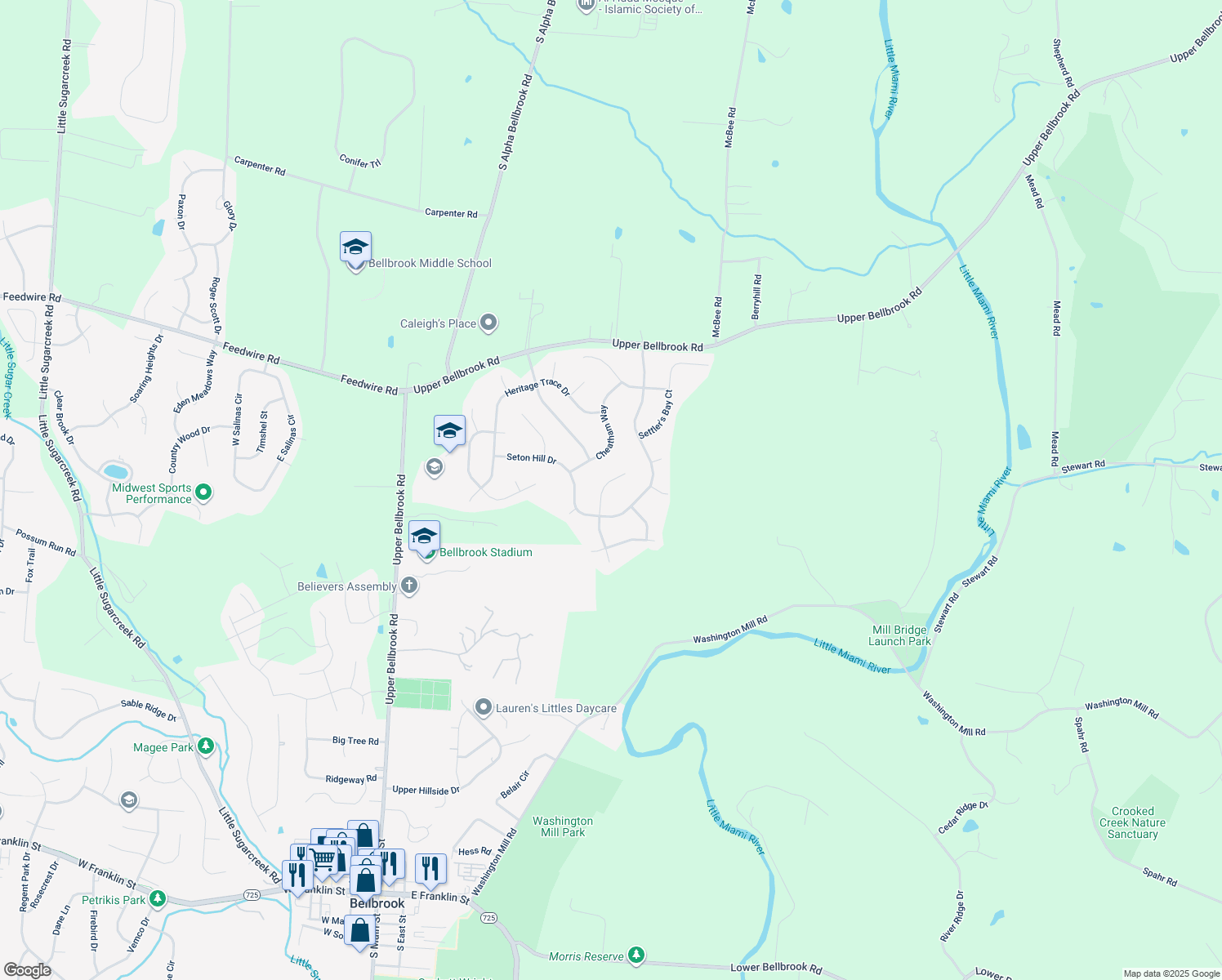 map of restaurants, bars, coffee shops, grocery stores, and more near 1368 N Church Dr in Bellbrook